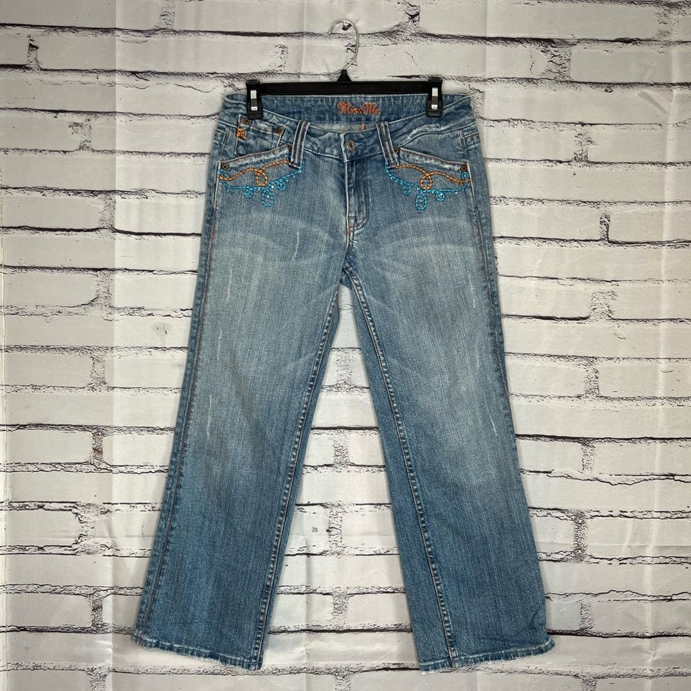 Miss Me Boot Cut Y2K Jeans Embroidered Bedazzled SZ 29 Wide Teresa Orange Stitch